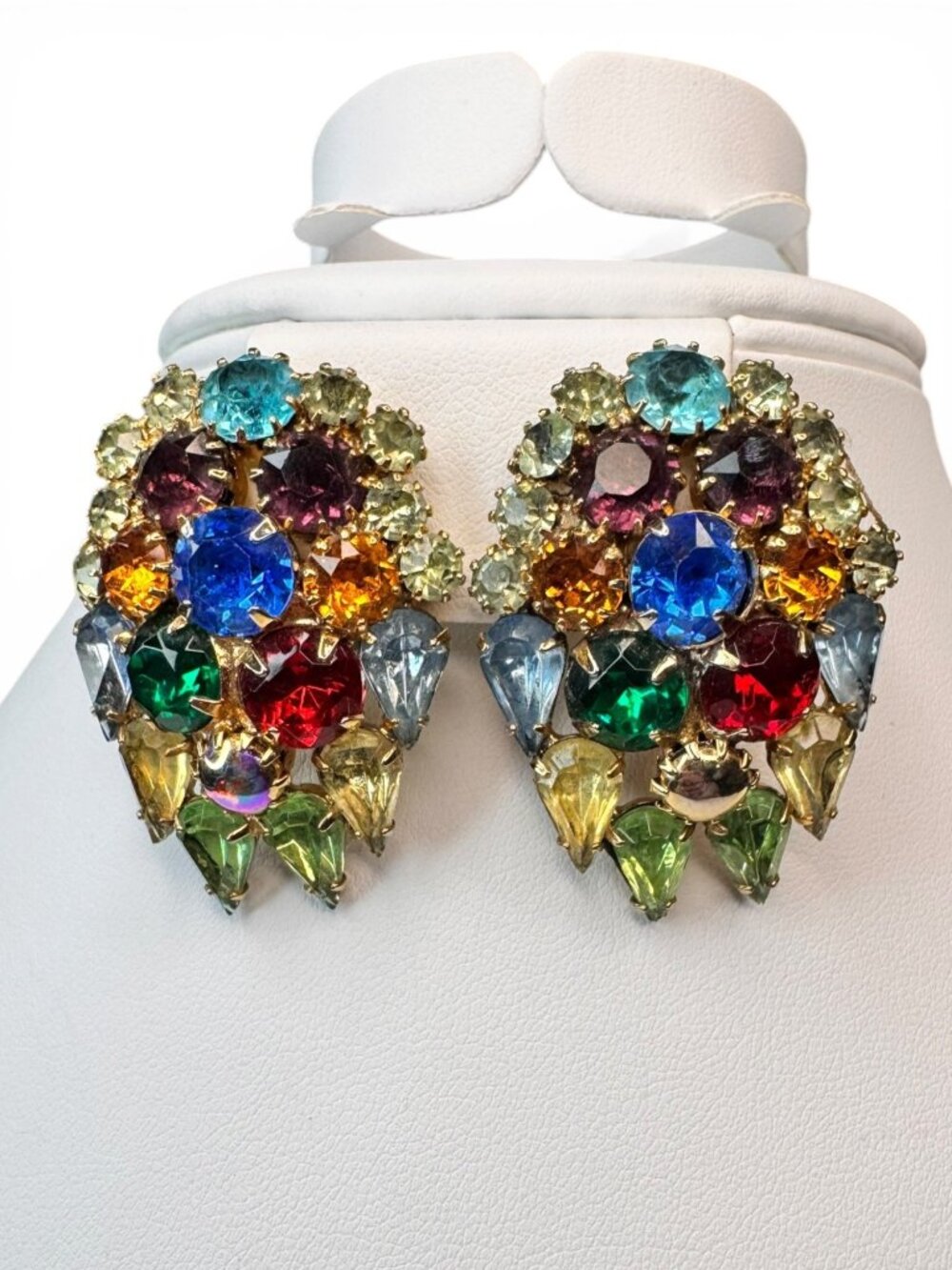 1950s Multicolor Uranium Glass Crystal Clip Earrings Vintage Gold Tone